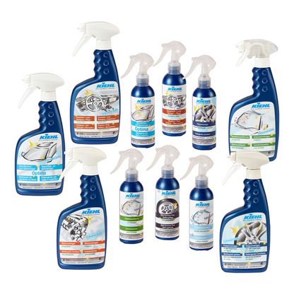 Ten blue Kiehl insect removers from Johannes Kiehl KG with various colored labels and a mix of standard and trigger spray attachments are arranged in three rows against a white background.