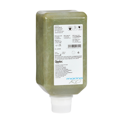 A 2-liter rectangular bottle of the greenish Kiehl Opytec Hand Cleaner for heavy soiling from Johannes Kiehl KG with a white info label and a wide dispenser closure at the bottom contains effective hand cleaner for heavy soiling.