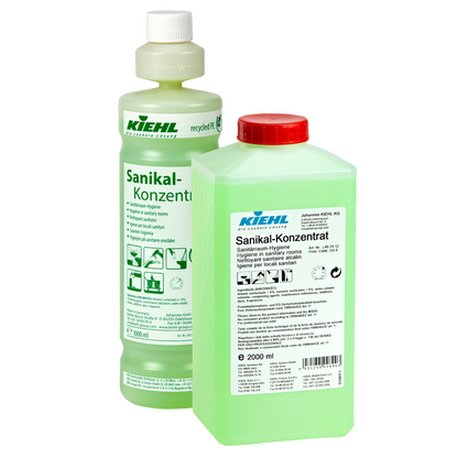 Two green bottles of Johannes Kiehl KG Kiehl Sanikal-Concentrate Sanitary Room Hygiene, one tall with a spout and one shorter with a red cap, both labeled in German for professional hygiene and disinfection use.