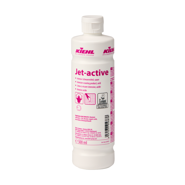 Kiehl Jet-active Intensive Scouring Agent, acidic, by Johannes Kiehl KG, 500 ml, white plastic bottle, with pink text and safety instructions on the label; suitable for stubborn dirt. The bottle has a white cap. Available in a box of 12.