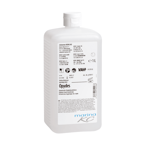 White 1-liter plastic bottle with a flip cap and white label with black and blue lettering, product information, symbols, and the brand "Johannes Kiehl KG." The product "Kiehl Opydes Hygienic Hand Disinfection" ensures effective germ reduction.