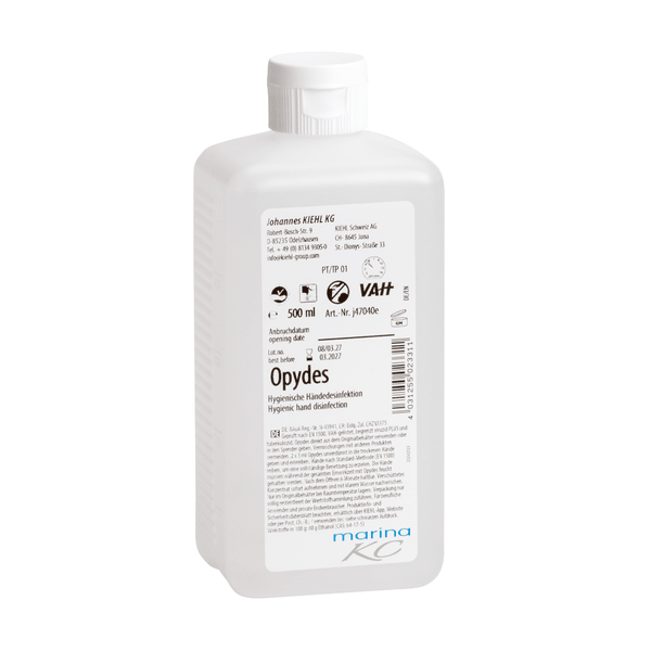 White 500 ml plastic bottle Kiehl Opydes Hygienic Hand Disinfection from Johannes Kiehl KG with a white cap and label with application instructions, dosage information, manufacturer details, and certification logos.