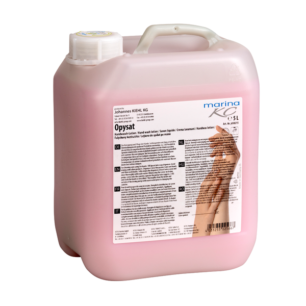 I gcoimeádán plaisteach bándearg 5-lítear le clúd bán, atá lipéadaithe i dteangacha éagsúla, tá an Kiehl Opysat Handwasch-Lotion de chuid Johannes Kiehl KG, gallúnach pH-neodrach le haghaidh glanadh láimhe go réidh.