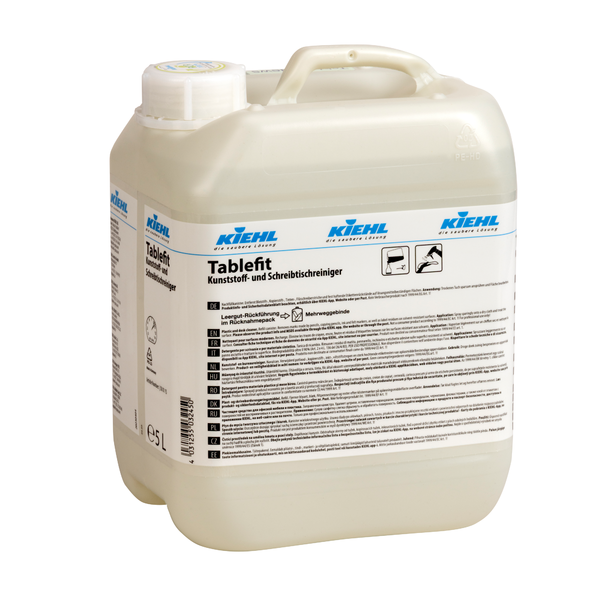 Ein weißer 5-Liter-Kunststoffbehälter des Kiehl Tablefit Kunststoff- und Schreibtischreinigers der Johannes Kiehl KG mit einem Schraubverschluss und einem großen Produktetikett mit deutschem Text und verschiedenen Symbolen.