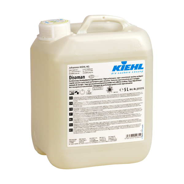 Tá lipéad bán le faisnéis táirge agus brandáil chomh maith le clúdach scriú agus láimhseáil iompar ar an gcoimeádán plaisteach 5-lítear den Kiehl Disoman Hochleistungs-Handspülmittel Superkonzentrat de chuid Johannes Kiehl KG le haghaidh glantacháin éifeachtach.