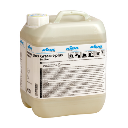 Coimeádán plaisteach 10-lítear de Kiehl Grasset-plus díbholaí saille ón Johannes Kiehl KG, díbholaí saille éifeachtach agus glantóir do gach dromchla, le clúdach scriú bán agus lipéad le sonraí táirge, treoracha agus siombailí sábháilteachta.