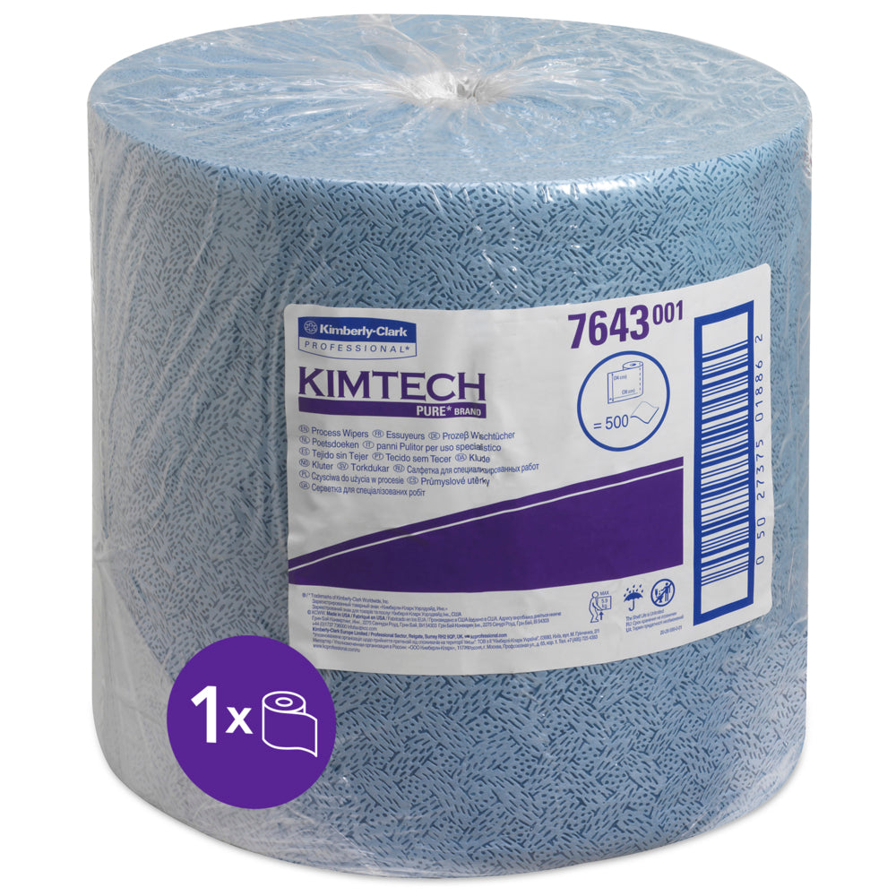 Eine große blaue Kimtech® Prozeßwischtücher Großrolle (1 Rolle x 500 Blatt) von Kimberly-Clark GmbH, in klarem Kunststoff mit einem weiß-violetten Etikett mit dem Produktnamen, 500 Tücher, Nr. 7643, und einem Symbol für eine Rolle mit 500 Tüchern.