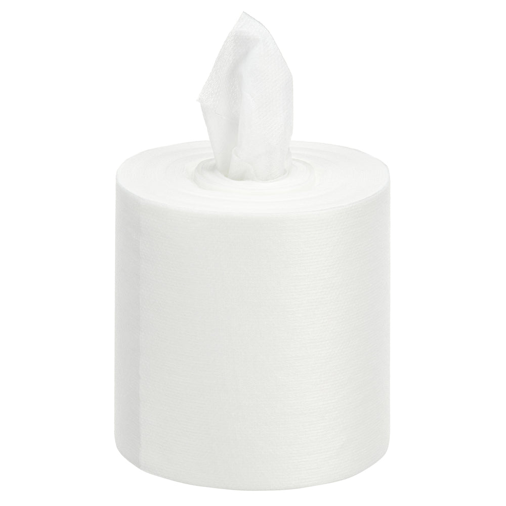 Eine einzelne große weiße Rolle der WypAll® Wettask™ PowerClean Reinigungstücher (6 Nachfüllungen x 120 Blatt, Weiß) der Kimberly-Clark GmbH ist mit einem teilweise aus der Mitte herausgezogenen Blatt auf einem einfarbig weißen Hintergrund abgebildet.