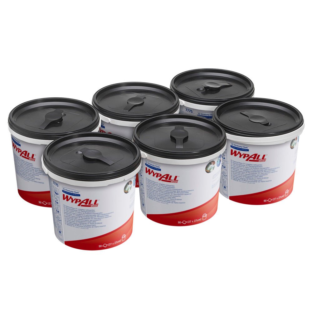 Six Kimberly-Clark GmbH WypAll® wipes - Green (6 buckets x 90 sheets) are grouped in a labeled dispenser on a white background.