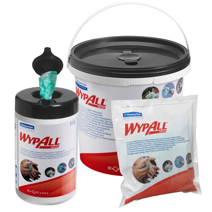 WypAll® wipes - Green from Kimberly-Clark GmbH are available in three containers: a pop-up canister, a large bucket with a handle, and a refill bag - each with the logo and images of hands being cleaned with these soft nonwoven cloths.