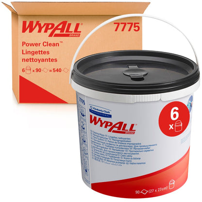 A green container with WypAll® wipes (Kimberly-Clark GmbH), 90 sheets, is pictured along with a box labeled "6 dispenser buckets" with 90 cloths each (total: 6 buckets x 90 sheets) in front of a brown WypAll 7775 carton.