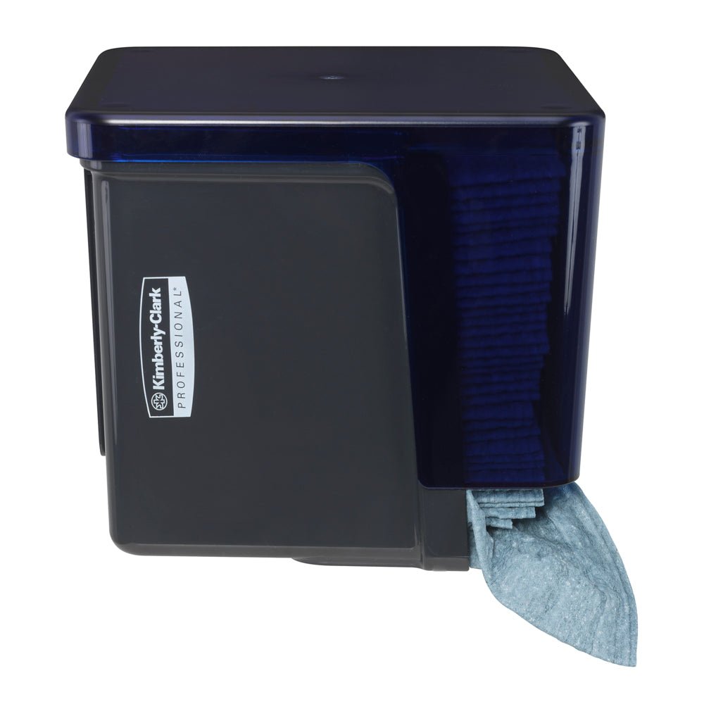A gray Kimberly-Clark Professional™ wipe dispenser - quarter-folded from Kimberly-Clark GmbH is shown with quarter-folded wipes, partially removed from the bottom to ensure hygienic removal.