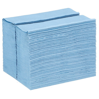 A neatly stacked pile of blue WypAll® X80 PowerClean cleaning cloths from Kimberly-Clark GmbH, arranged in a rectangular block from the BRAG™ Box (steel blue, 1 box x 160 sheets).