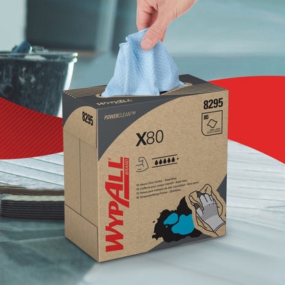 Eine Hand zieht ein stahlblaues WypAll® X80 PowerClean Reinigungstuch aus einer Zupfbox der Kimberly-Clark GmbH, auf der deutlich Produktdetails zu sehen sind. Im unscharfen Hintergrund sind ein Eimer und eine rot-weiße Fläche zu sehen.