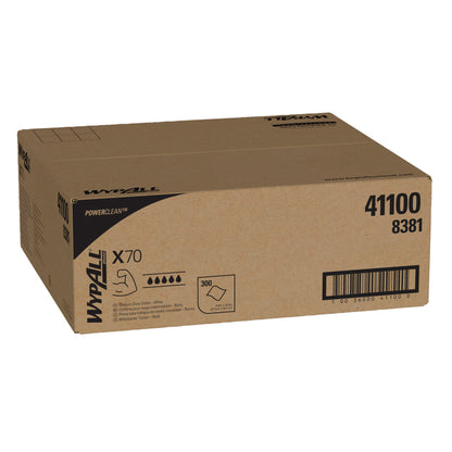 Eine versiegelte braune Schachtel von Kimberly-Clark GmbH WypAll® X70 PowerClean, Weiß (Produktnummern 41100, 8381), enthält 300 Tücher - ideal für die industrielle Reinigung. Karton (1 Box).