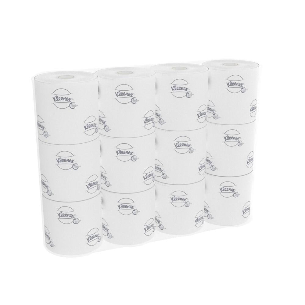 Ein Karton der Kimberly-Clark GmbH enthält 8 Packungen Kleenex® Toilettenpapier mit jeweils 12 kleinen weißen Rollen (250 Blatt/Rolle) - perfekt, wenn Sie mehr als eine 8er-Packung benötigen oder praktische kleine Rollen bevorzugen.