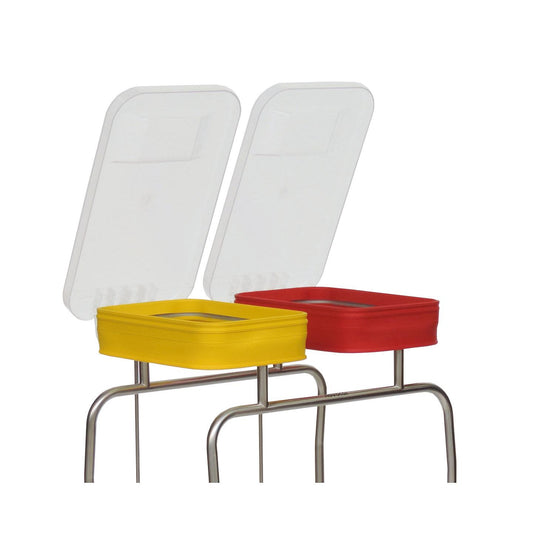 Two metal chairs with upholstered seats—one yellow, one red—have slanted, translucent plastic backs that are reminiscent of Novocal’s plastic lids with plastic hinges and soft-close mechanisms, and are positioned against a plain background.