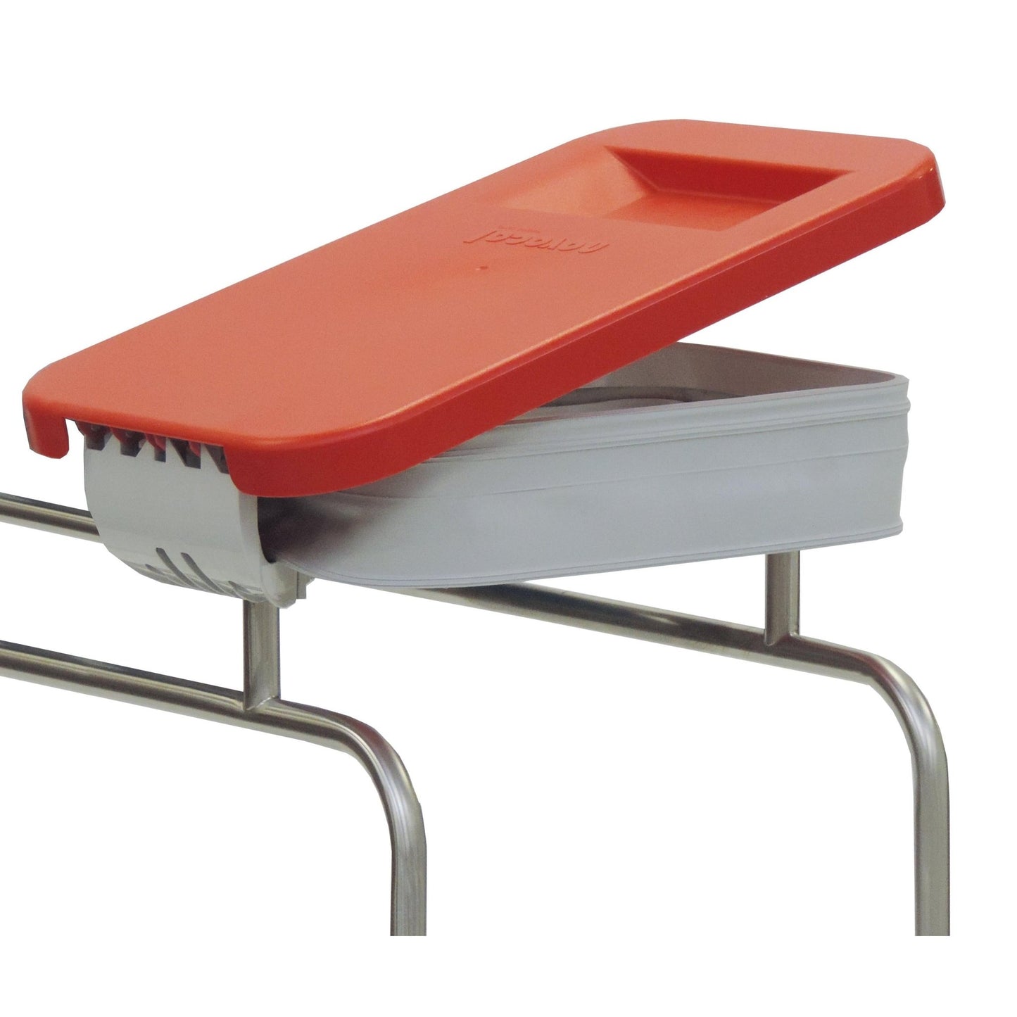 A Novocal plastic lid | 1 piece, a rectangular white plastic container with a red hinged lid, is mounted horizontally on a metal frame. The lid is partially open at one end. Brand: Novocal.