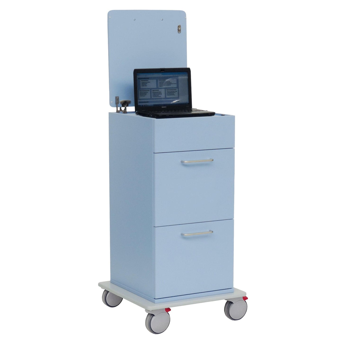 The Novocal laptop cart with a retractable laptop shelf (1 piece) in light blue features two drawers, a flat panel with a raised back wall, and four wheels - ideal for ergonomic work and flexible laptop use.