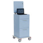The Novocal laptop cart with a retractable laptop shelf (1 piece) in light blue features two drawers, a flat panel with a raised back wall, and four wheels - ideal for ergonomic work and flexible laptop use.