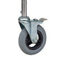A close-up of the Novocal PU-foamed wheel for multipurpose carts, 150 mm diameter, with a metal housing and brake lever. This wheel is part of a set (2 swivel wheels, 2 stop wheels) and is attached to a metal rod.
