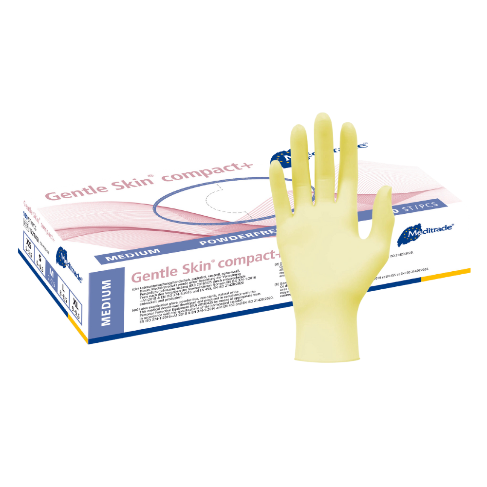 A box of Meditrade Gentle Skin® Latex Gloves compact+ disposable gloves, with a yellow latex disposable glove on the front of the box.