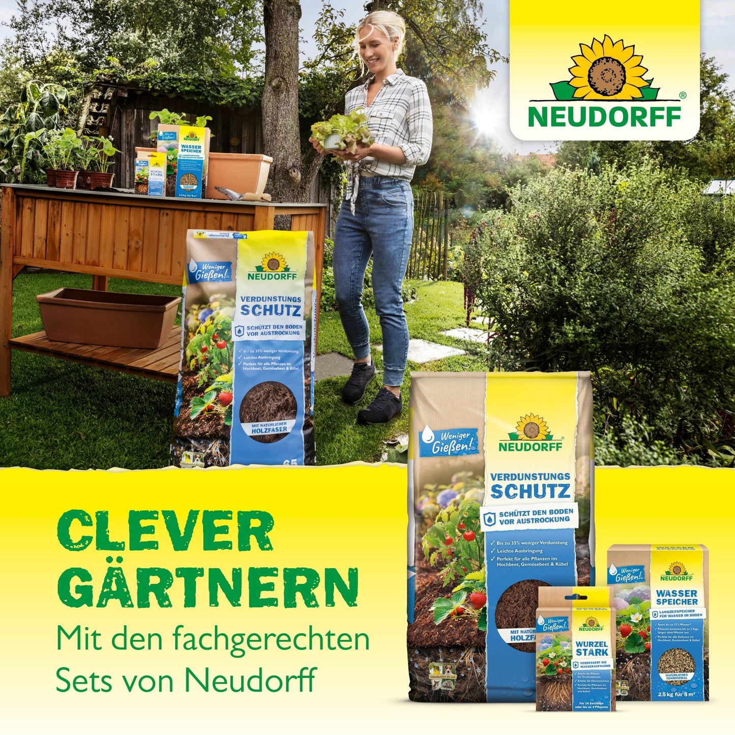 A woman stands in a garden with fresh lettuce. On the lawn lie the composter set products from Neudorff Shop for soil protection, fertilizer, and plant nutrition - perfect for accelerating compost. Smart gardening with the sets from Neudorff Shop.