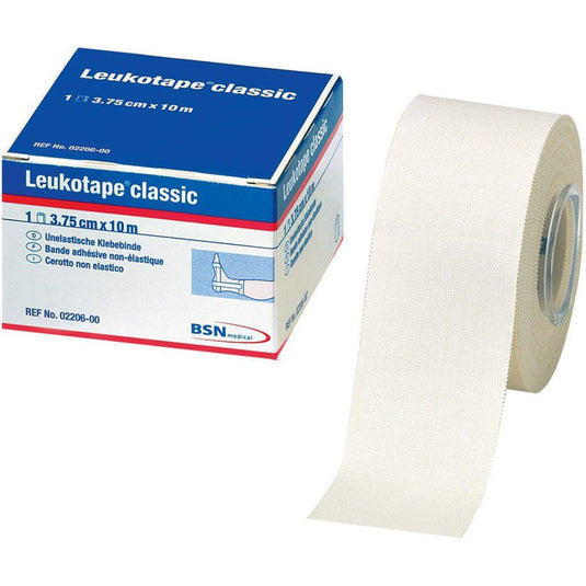 A roll of Leukotape Sport Tape Classic (3.75 cm x 10 m, white) from BSN Medical GmbH, designed for sports injuries, has been partially unrolled; the packaging lists the product name, size, and brand.