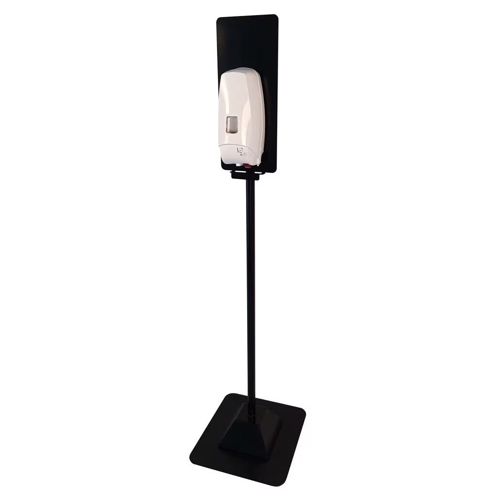 The Diversey Stand Column Universal black is a black metal floor stand, ideal for touchless dispensers like IntelliCare or QTS, with a stable rectangular base. The package contains 1 piece. Brand: Diversey Deutschland GmbH & Co. OHG.