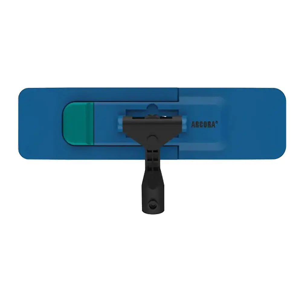 The Arcora Standard folding holder blue 40 cm by Arcora International GmbH is a rectangular blue plastic mop holder with a green button and black attachment, shown from above on a white background with visible branding.
