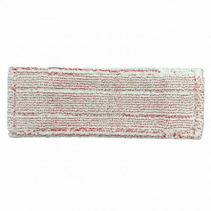 The Arcora Excellent Red-White Db-Fc Mop with color coding and cover sheet from Arcora International GmbH is a rectangular microfiber pad with white and red stripes, textured surface, finished edges, and color coding for easy identification of cleaning tasks. Pictured on a white background.