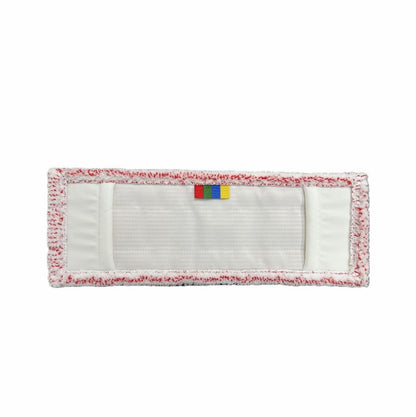 The Arcora Excellent Red-White Db-Fc Mop Pad from Arcora International GmbH is a rectangular microfiber mop with color coding, textured edge, and colorful tabs in the middle, pictured against a white background.