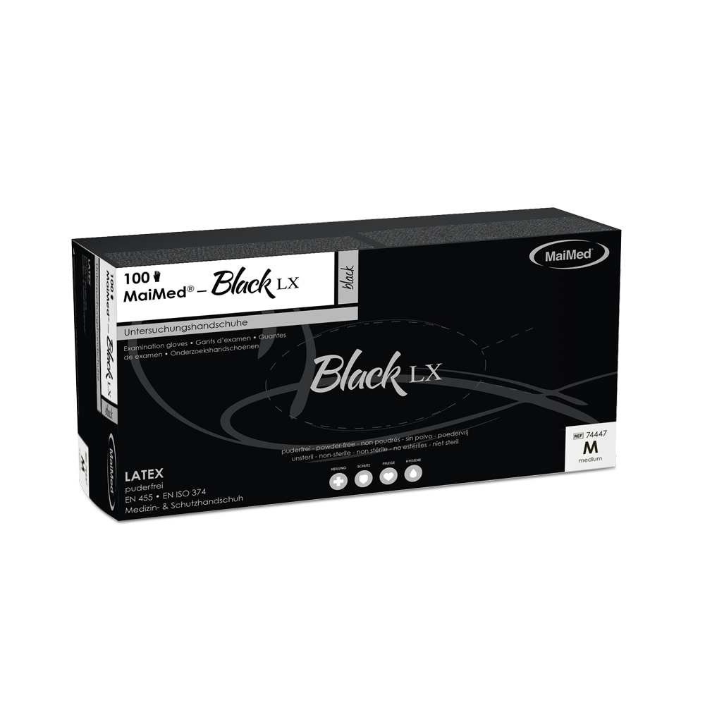 Lámhainní scrúdaithe laitéis indiúscartha MaiMed-Black LX PF, saor ó phúdar, 100 píosa/bosca