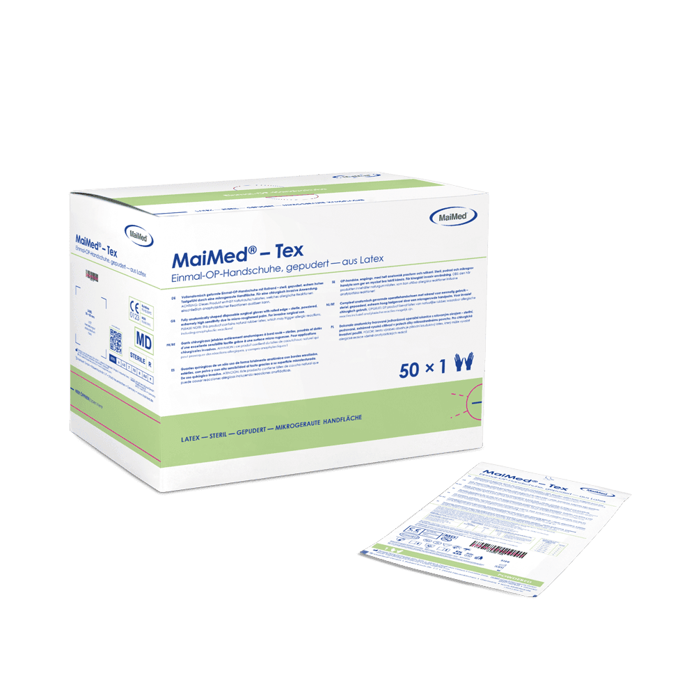 Lámhainní máinliachta laitéis steiriúla MaiMed-Tex, púdraithe éadrom 50 péire/bosca