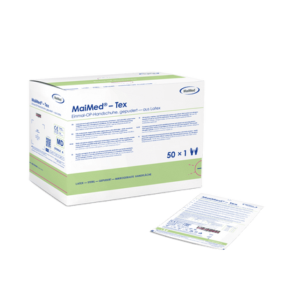 Lámhainní máinliachta laitéis steiriúla MaiMed-Tex, púdraithe éadrom 50 péire/bosca