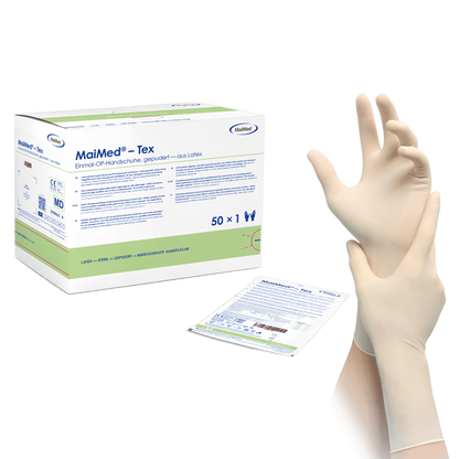 Lámhainní máinliachta laitéis steiriúla MaiMed-Tex, púdraithe éadrom 50 péire/bosca