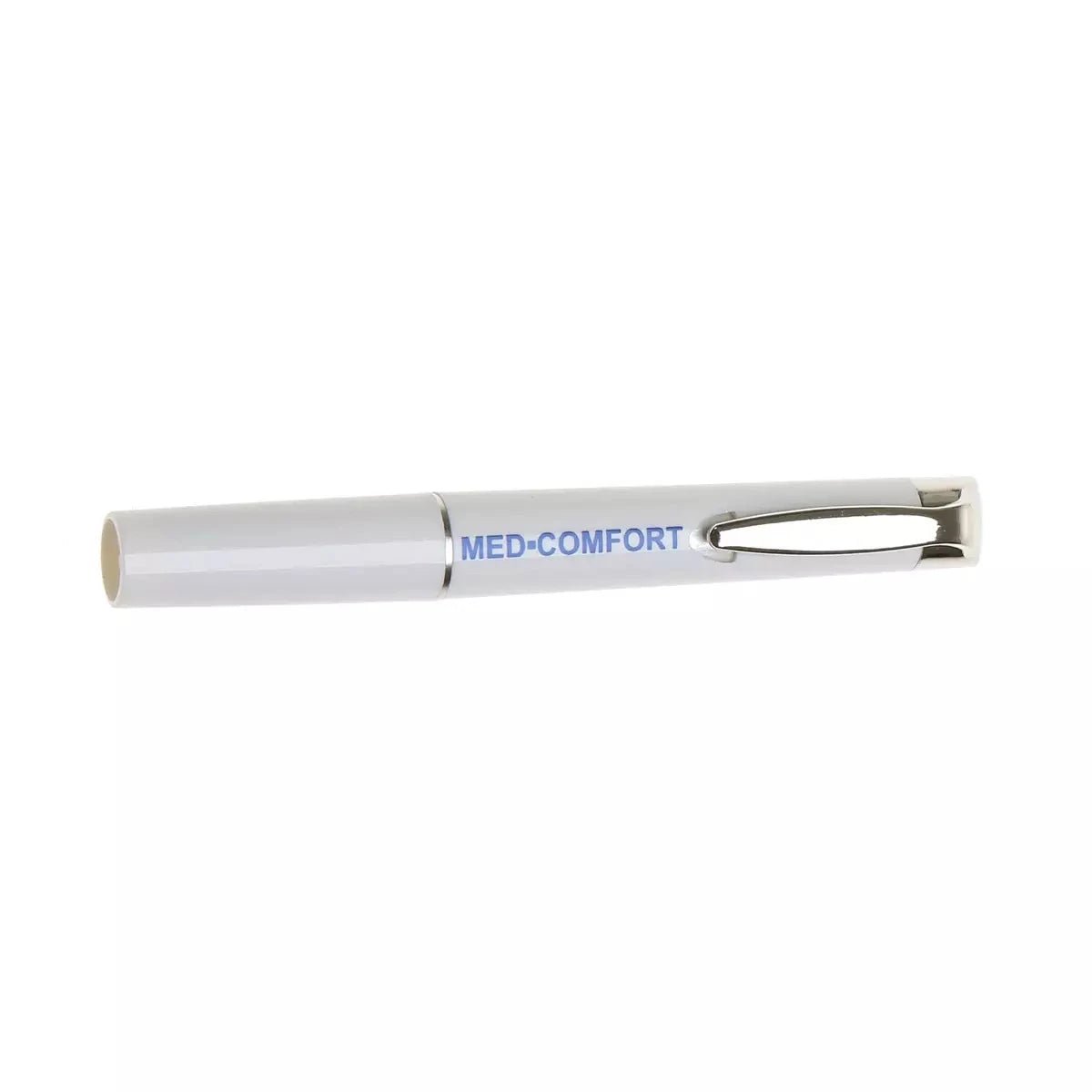 The Med-Comfort diagnostic light from AMPri Handelsgesellschaft mbH is a white, pen-shaped diagnostic light with long-lasting batteries and a metal clip - ideal for medical professionals - on a plain white background.