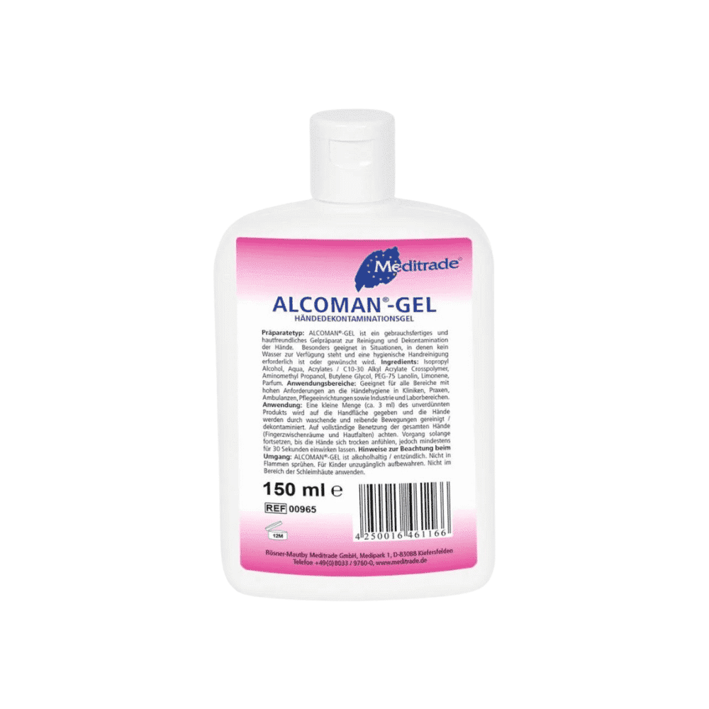 A 150 ml bottle of Meditrade Alcoman® Gel hand sanitizer, a pink hand sanitizing gel from Meditrade GmbH. The back label shows ingredients and usage instructions in black lettering on a white background.
