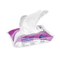A pack of Meditrade Gentle Med® moist care wipes (80 wipes) from Meditrade GmbH, with one wipe pulled out. The white-purple pack is suitable for normal/sensitive skin and is ideal for gentle cleansing of the skin.