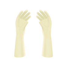 Ein Paar Meditrade Gentle Skin® Superior OP™ Latex-OP-Handschuhe, die bis zum Unterarm reichen, isoliert auf weißem Hintergrund. Die Handschuhe sind leicht gepudert und mit den Handflächen nach innen gerichtet.