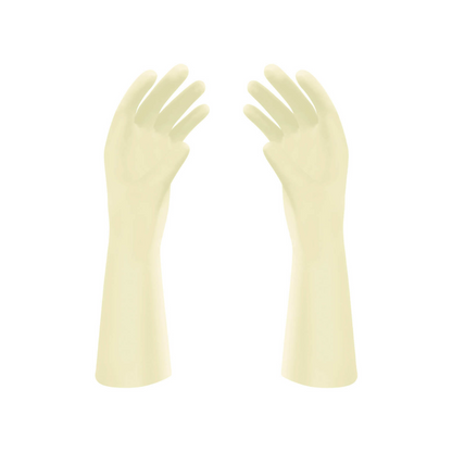 Ein Paar Meditrade Gentle Skin® Superior OP™ Latex-OP-Handschuhe, die bis zum Unterarm reichen, isoliert auf weißem Hintergrund. Die Handschuhe sind leicht gepudert und mit den Handflächen nach innen gerichtet.