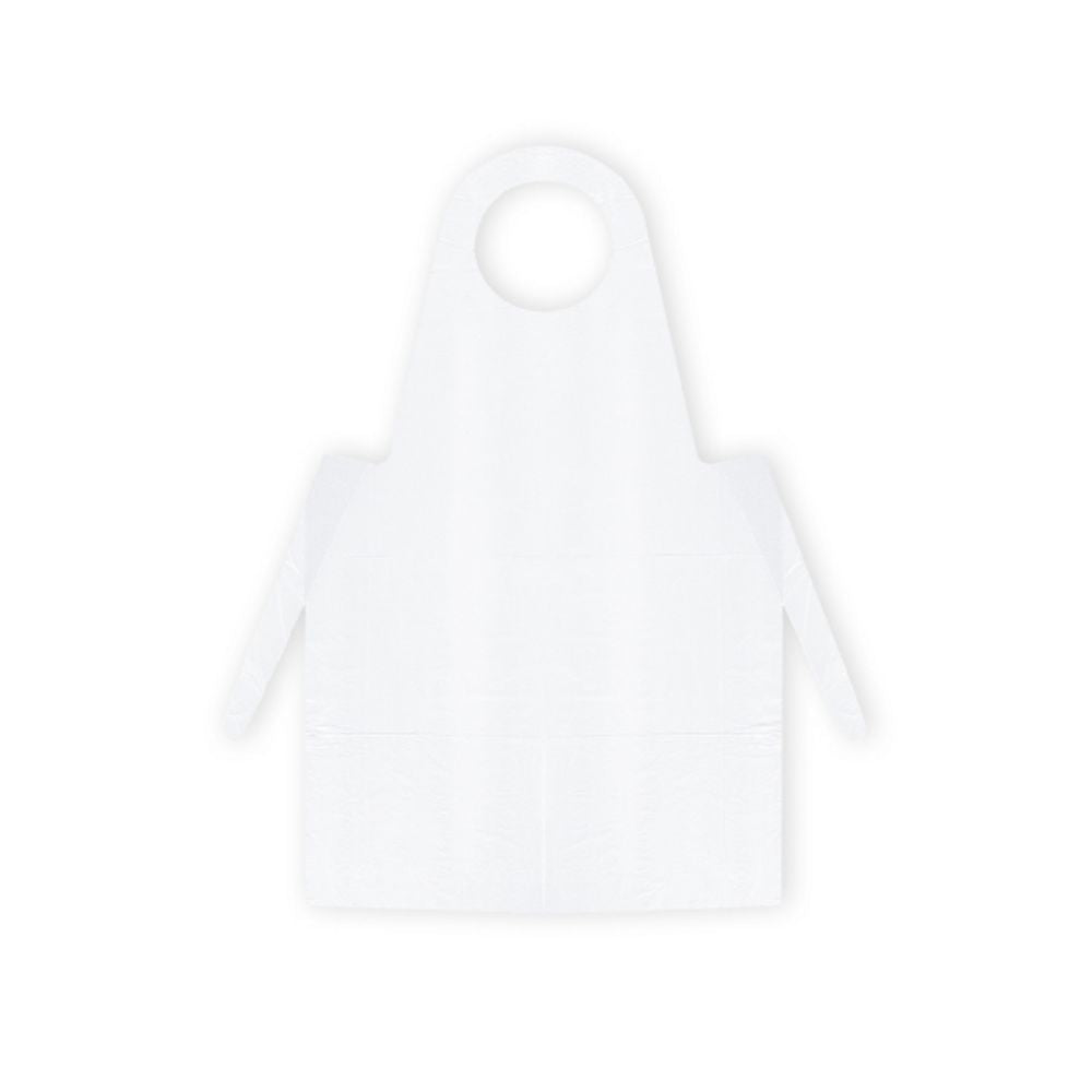 Ar chúlra liath tá aprúin indiúscartha PE gorm de chuid Meditrade GmbH le feiceáil. Tá poll ciorclach muineál air agus tá strapaí fada taobh le ceangal timpeall an choim, ag comhlíonadh riachtanais sláinteachais riachtanacha.