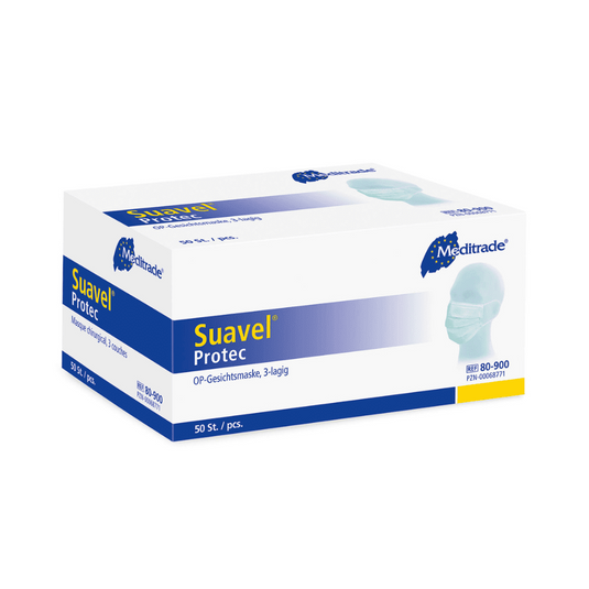 Bosca dronuilleogach de mascanna Meditrade Suavel® Protec OP 50 píosa. Tá an bosca den chuid is mó bán le sonraí gorma agus léiríonn sé íomhá de dhuine ag caitheamh masc. Tá 50 masc OP ann (3 shraith) le héifeachtacht ard scagacháin baictéarach agus tá sé maisithe le téacsanna agus lógónna éagsúla de chuid Meditrade GmbH.