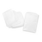 A stack of neatly folded white paper napkins next to a stack of unfolded Meditrade disposable wash gloves, all placed on a white background.