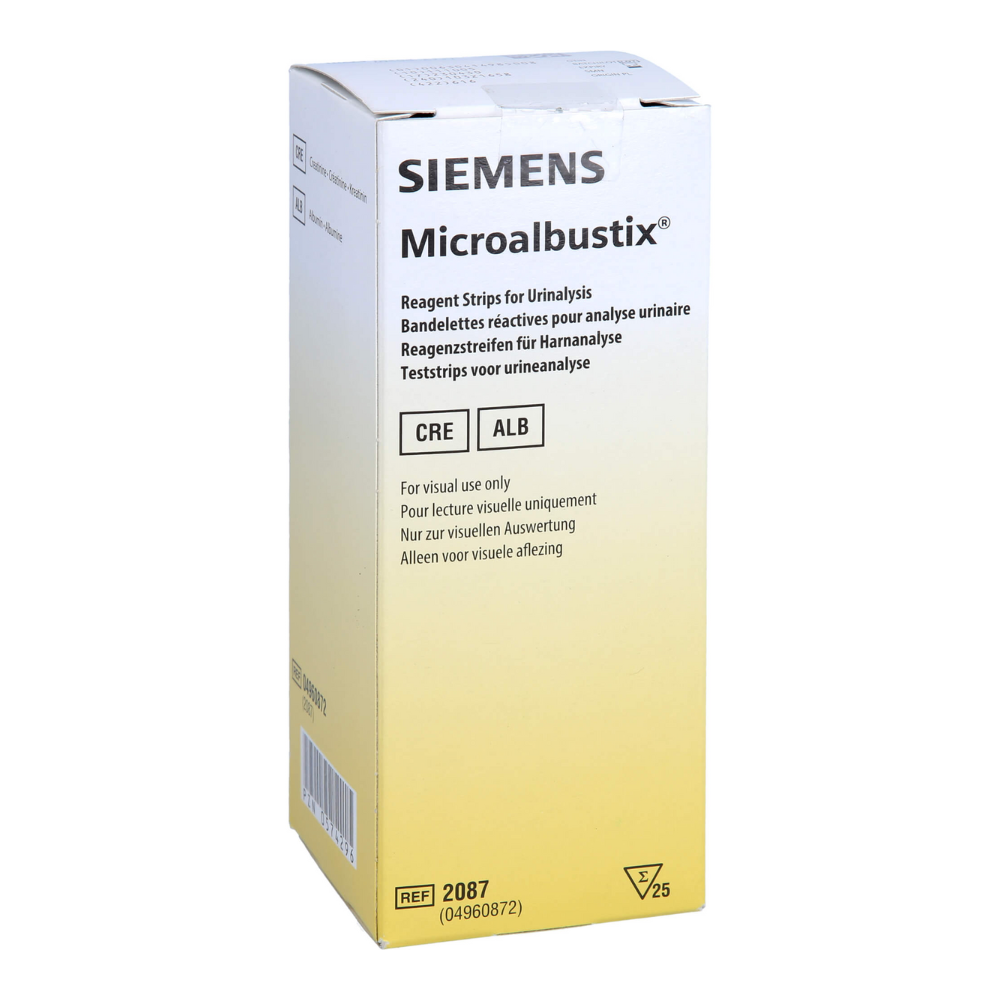 The white-yellow Servoprax Microalbustix urine test strip box (25 pieces) is labeled with multilingual text, highlights CRE and ALB tests for microalbuminuria screening, and is visually evaluated for urinalysis.