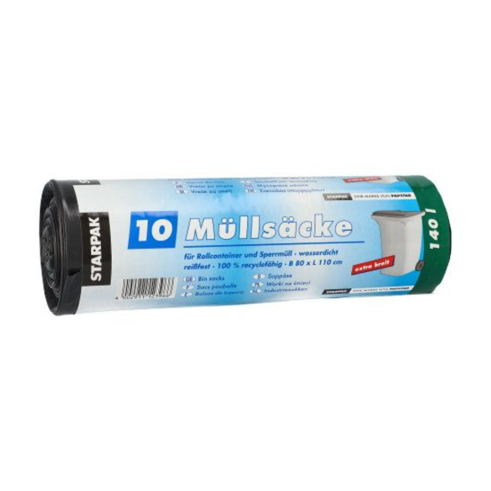 Rolla deich mála bruscar Starpak 10, LDPE-dubh 140L málaí bruscar (80 x 110 cm) le téacs Gearmáinise ar an lipéad gorm, glas agus bán; tá 10 málaí i ngach rolla.
