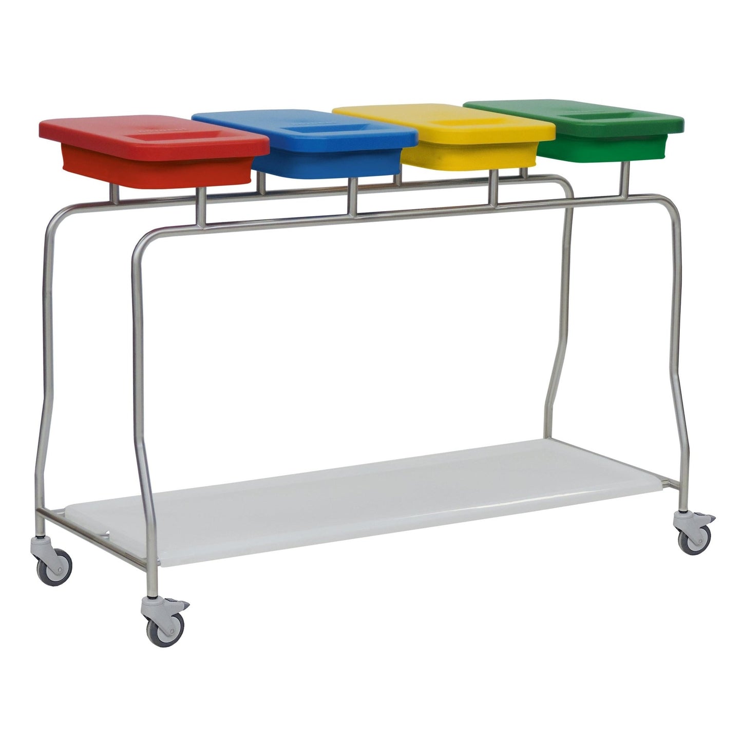 The Novocal stainless steel waste collector "Compact" four-way collector features a stainless steel frame, four colored containers (red, blue, yellow, green), a white base, and four castors for easy mobility.