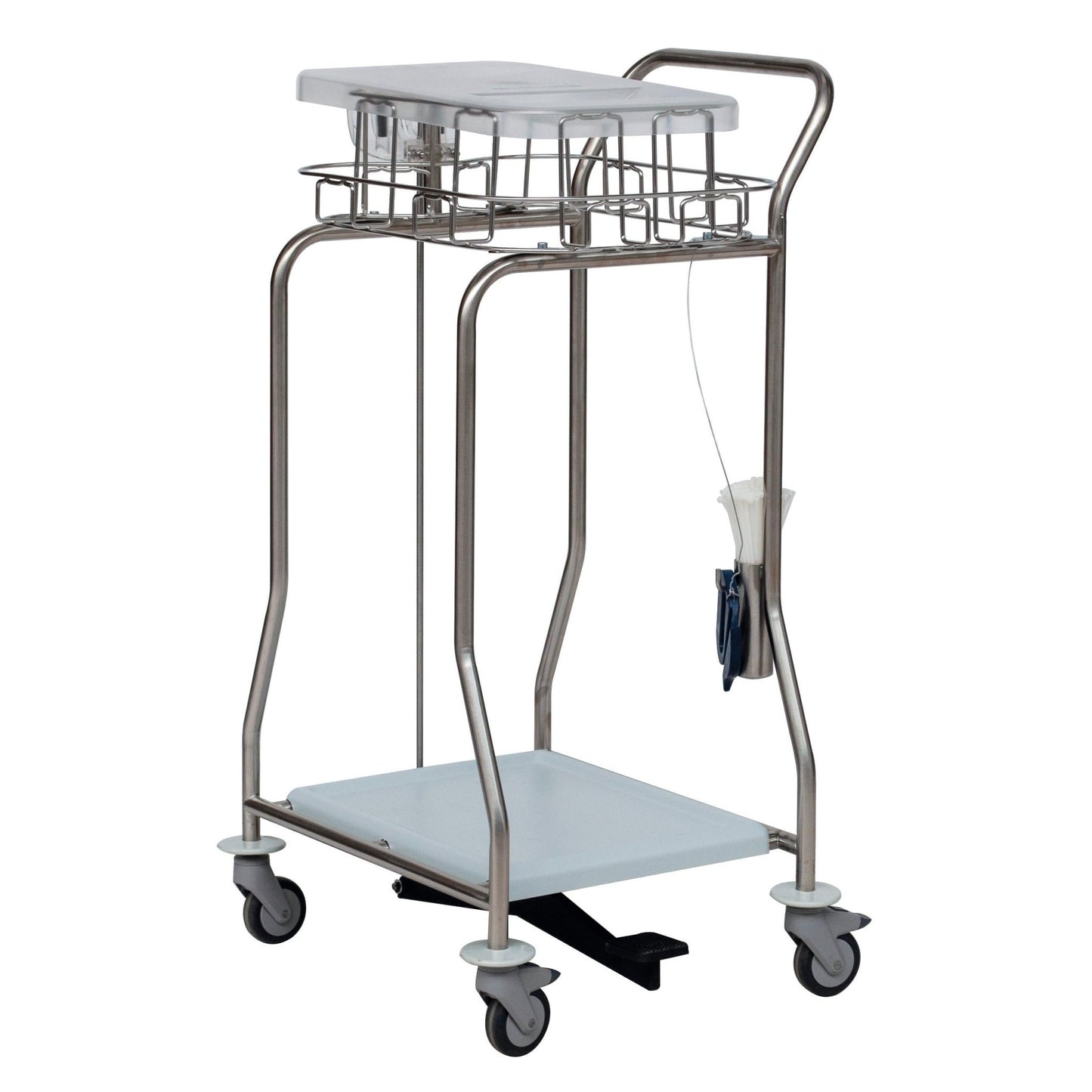 A stainless steel medical cart with four wheels, wire basket, flat shelf, lower shelf, handles, foot pedal, dispenser for disposable gloves, and a Novocal collector for foil tubing made of stainless steel attached to one side (1 piece).