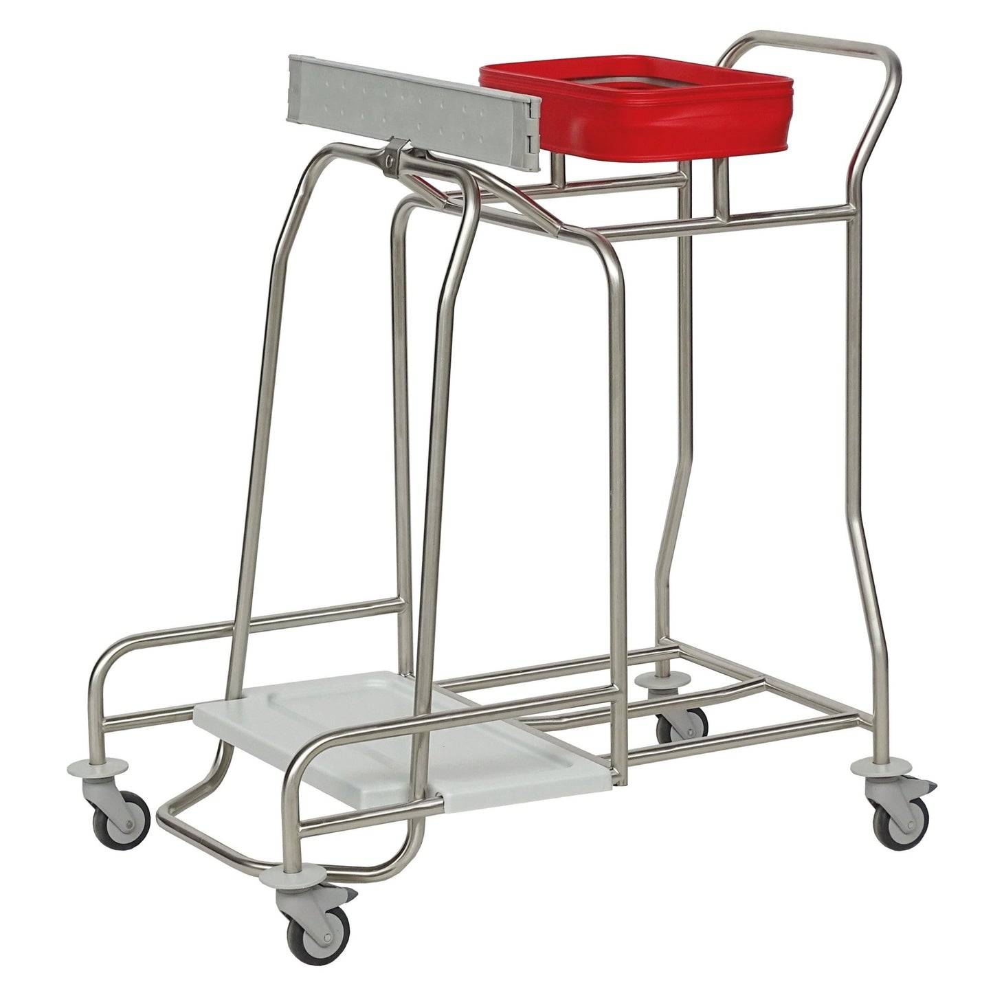 The Novocal stainless steel laundry collector "Kompakt plus" combination collector features a sturdy stainless steel frame, four wheels, a foldable side shelf, a white base platform, and a red collection container for efficient laundry collection.