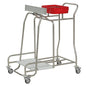 The Novocal stainless steel laundry collector "Kompakt plus" combination collector features a sturdy stainless steel frame, four wheels, a foldable side shelf, a white base platform, and a red collection container for efficient laundry collection.